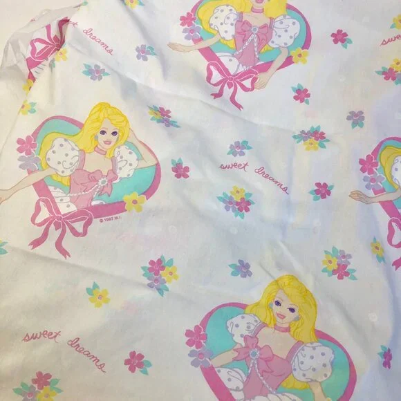 Vintage 90s Barbie Bedsheets Twin Set (Flat + Fitted) 1997 Sweet Dreams Ribbons - Picture 11 of 15